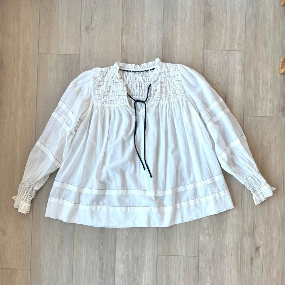 Anthropologie Long-Sleeve White Airy Babydoll smocked Blouse Sz M Boho Peasant - Picture 3 of 13